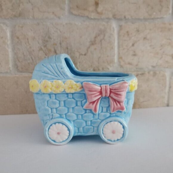 Blue Baby Carriage Ceramic Planter Vintage Nursery Decor Baby Shower Gift - Picture 2 of 10